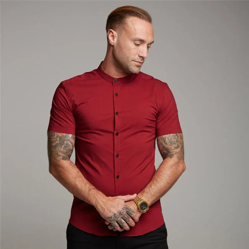 Mens Casual Broadcloth Shirt Summer Slim Fit Short Sleeve Plain Dress Shirt for Gym Business Social
