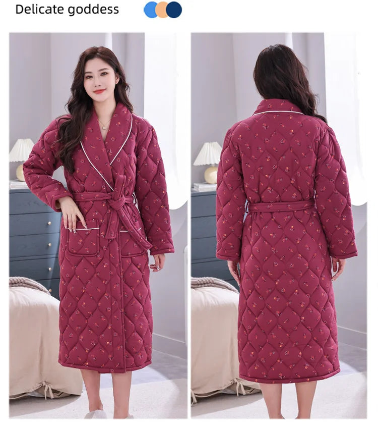 Peignoir Homme Women Robe Winter Warm Cotton Quilted Women's Bathrobe Nightgown Dressing Gown Sleepwear Female Home Clothing
