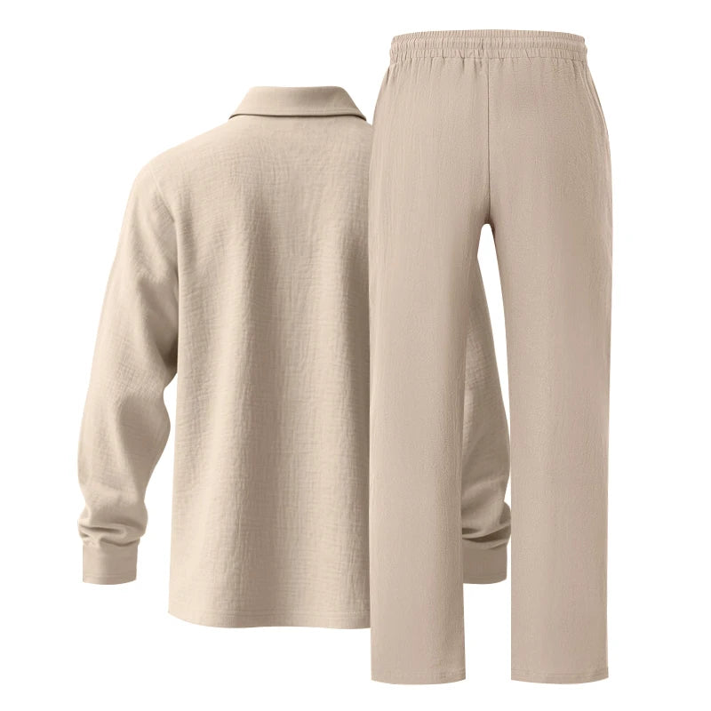 Men's Clothing Set Linen Two-Piece Set: Long-Sleeve Polo Shirt and Straight-Leg Pants Set, Casual Beach Sportswear