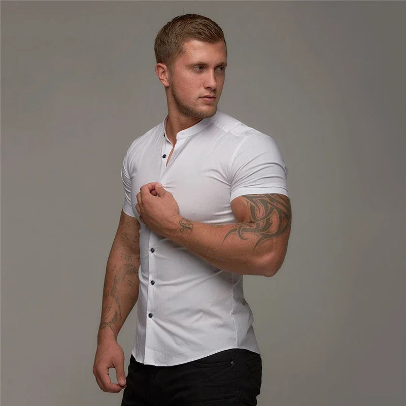 Mens Casual Broadcloth Shirt Summer Slim Fit Short Sleeve Plain Dress Shirt for Gym Business Social