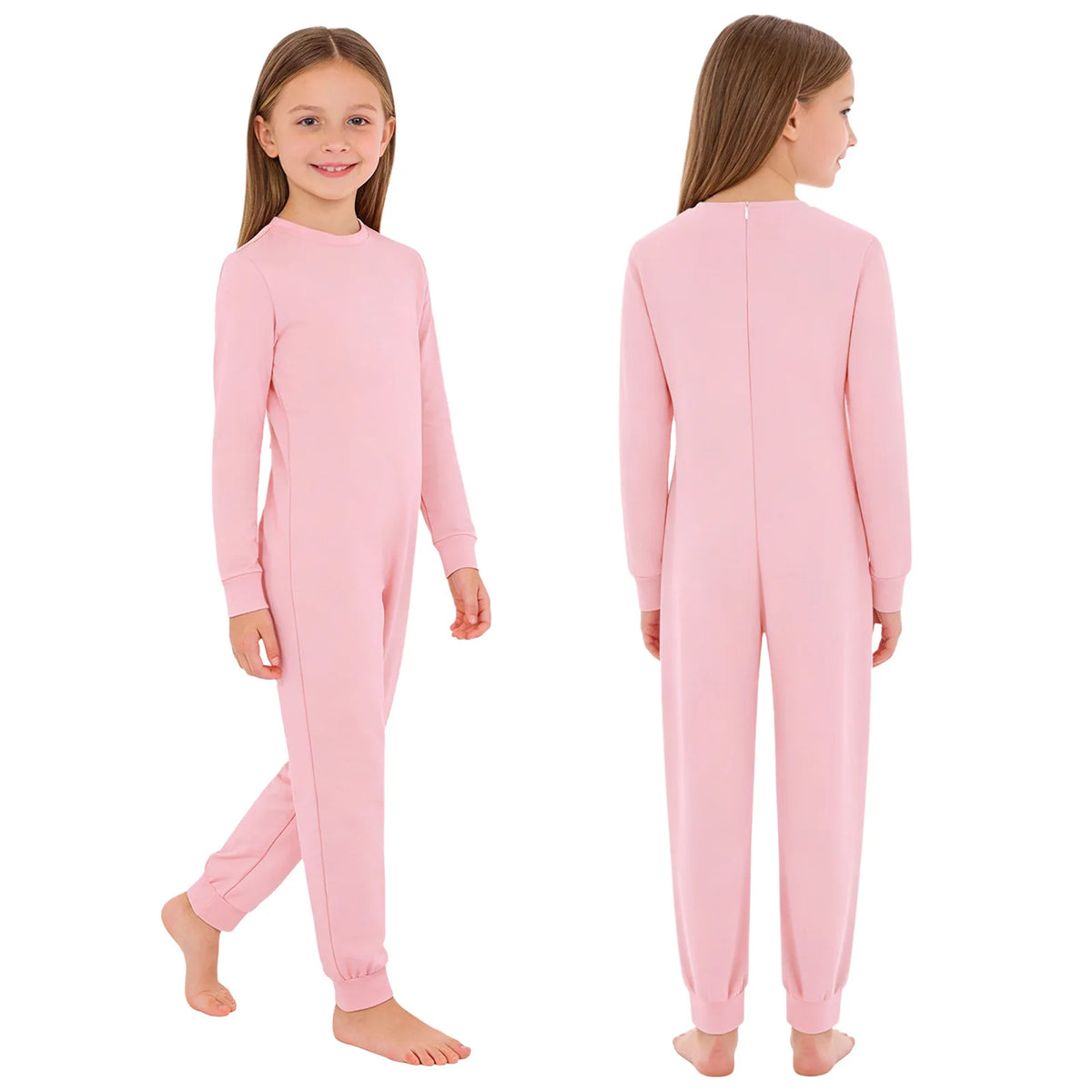 Kids Boys Girls Special Needs Adaptive Clothing Solid Color Round Neck Long Sleeve Jumpsuit Casual Basic Back Zipper Rompers