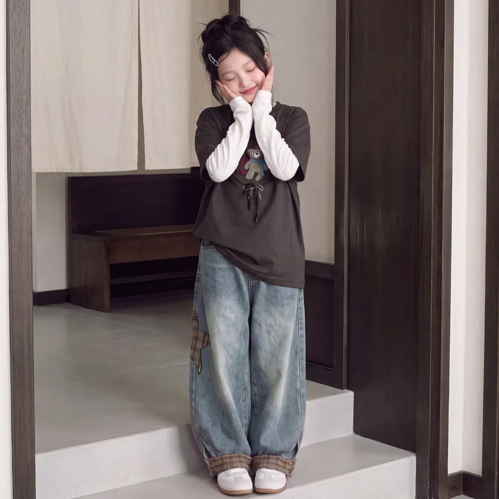 Children Clothes Suit Autumn Girls Long Sleeve T‑Shirt and Wide Leg Jeans Cute Bear Plaid Star Patch