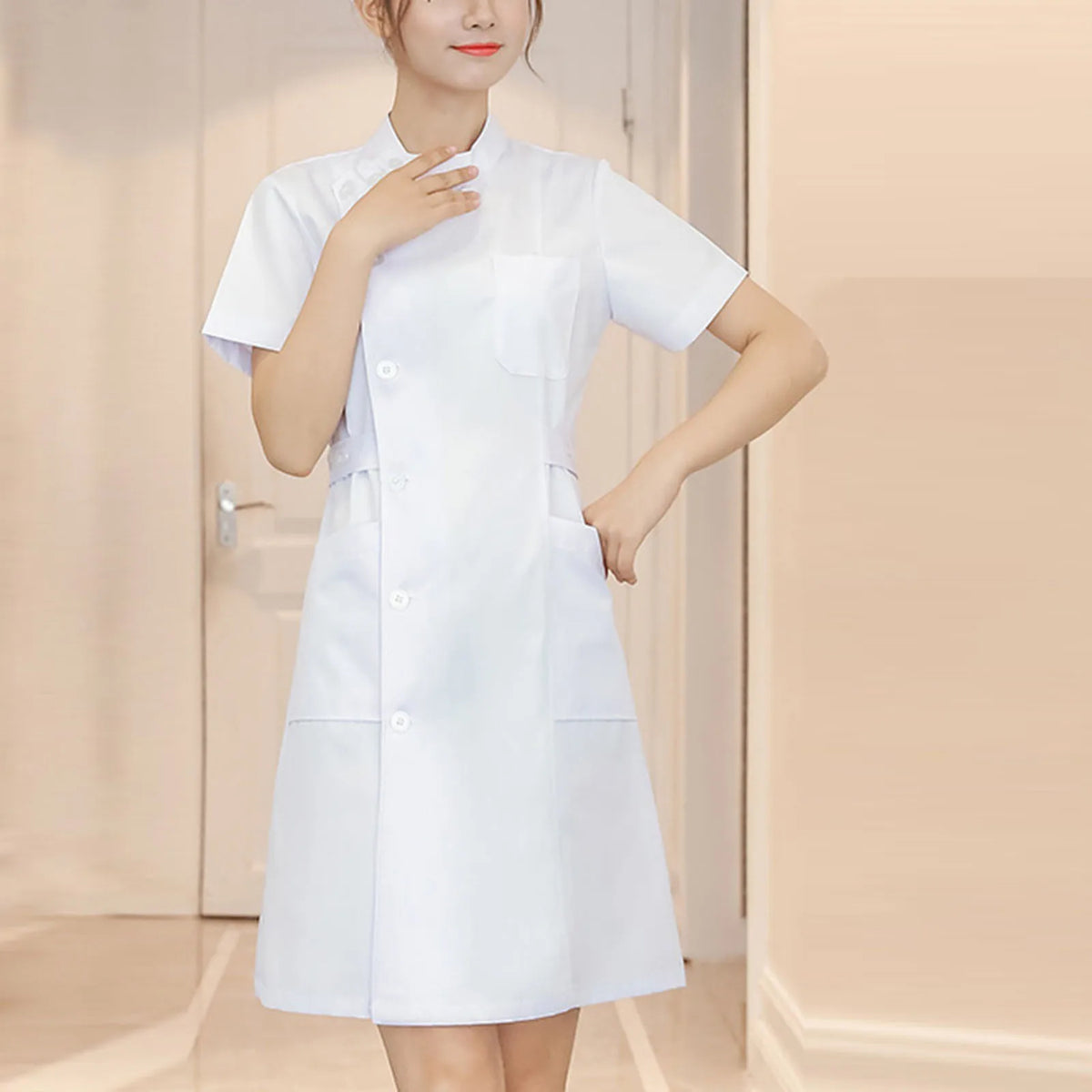 Women Nurse Dress Working Uniform Workwear Healthcare Gown Solid Color Short Sleeve Scrub Dresses Uniformes White Blue Pink