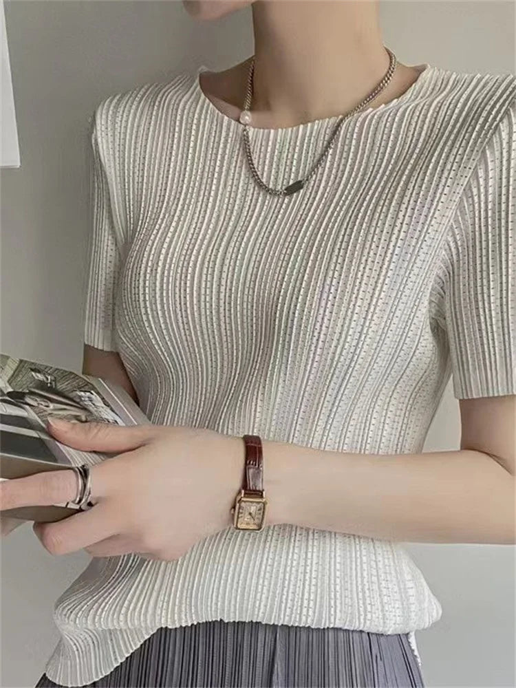 Woman Clothing  Top Women Miyake Pleated Short-sleeved Female Summer Thin Elastic Round Neck Joker Slim Pleated Hollow T-shirt