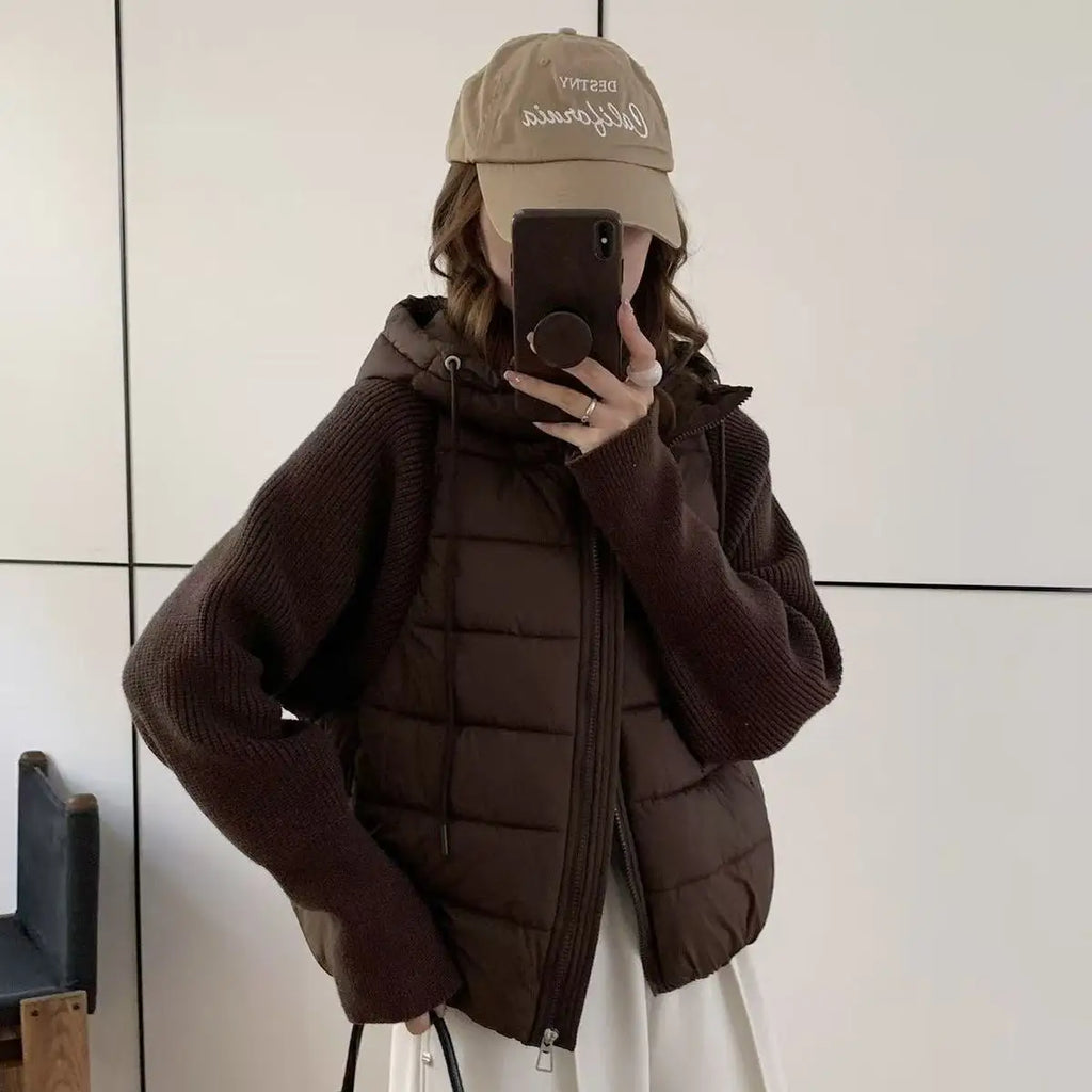 Women's Clothing Knitted Splicing Down Cotton Coat Warm Versatile Short New Winter