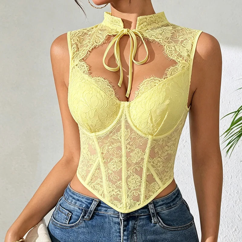 Women Sexy Lace Top See Through Corset Tank Elegant Ladies Sheer Camis Push Up Off Shoulder Vest Outfit