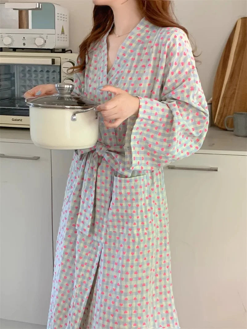 bathrobe women's bathing love plaid loose long sleeve long kimono V-neck lace up trousers nightgown sexy robe women's girl