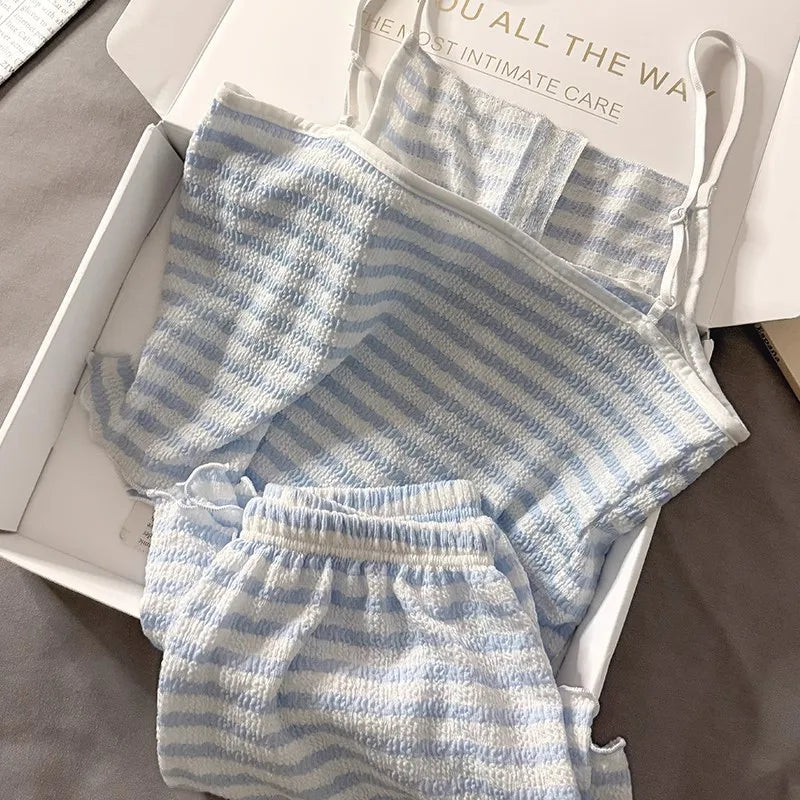 Summer new women's clothing with chest pads, striped suspenders, pajamas, girls, thin vests, shorts, loungewear, two-piece set,
