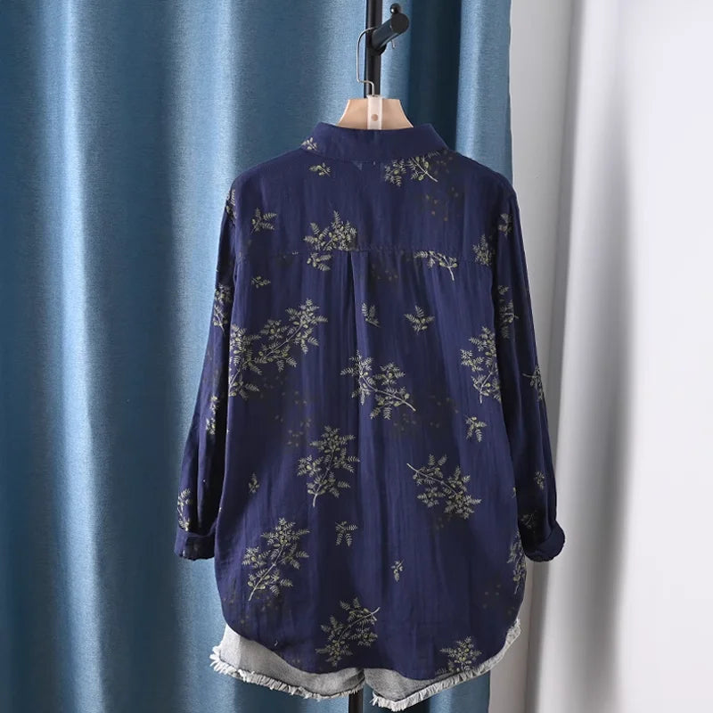 Middle Aged Women Clothing 100% Cotton Yarn Printed Shirts Long Sleeve Blouses for Women Spring Vintage Clothing
