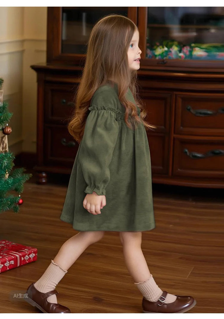 Children Clothing 2025 Autumn and Winter New Corduroy Long Sleeved Girls Baby Round Neck Lace Sleeves Cute Dress