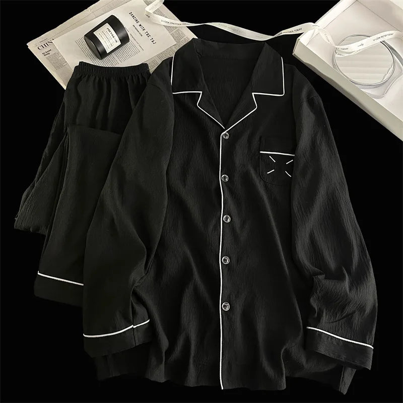Men's Pajama Sets Casual Autumn Winter Sleepwear Long Sleeve Lapel Top Trousers Suit Male Home Wear Clothing Sleep Pijama Mujer