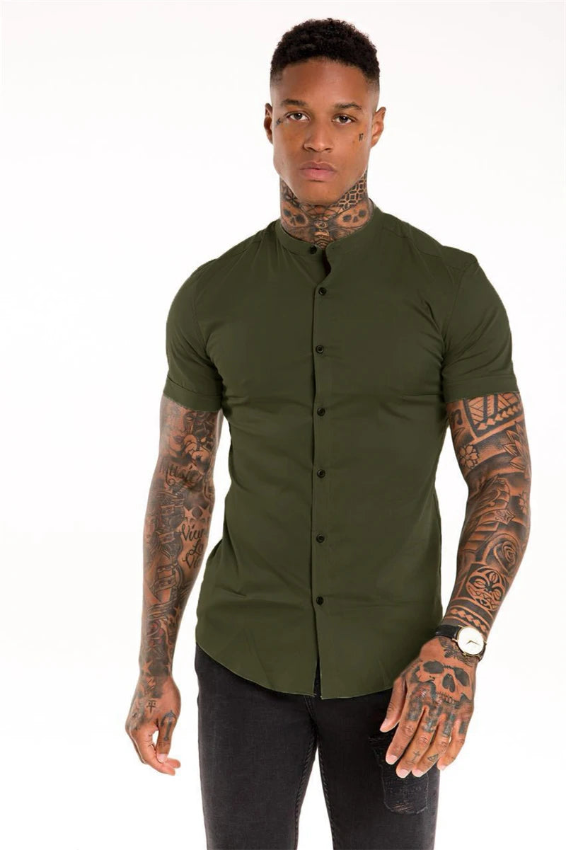 Mens Casual Broadcloth Shirt Summer Slim Fit Short Sleeve Plain Dress Shirt for Gym Business Social