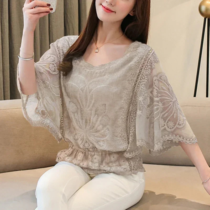 Women's Blouse Summer Fashion Elegant Women's Chiffon Shirt Hollow Out Three Quarter Shirts Butterfly Flower Lady Tops Clothing