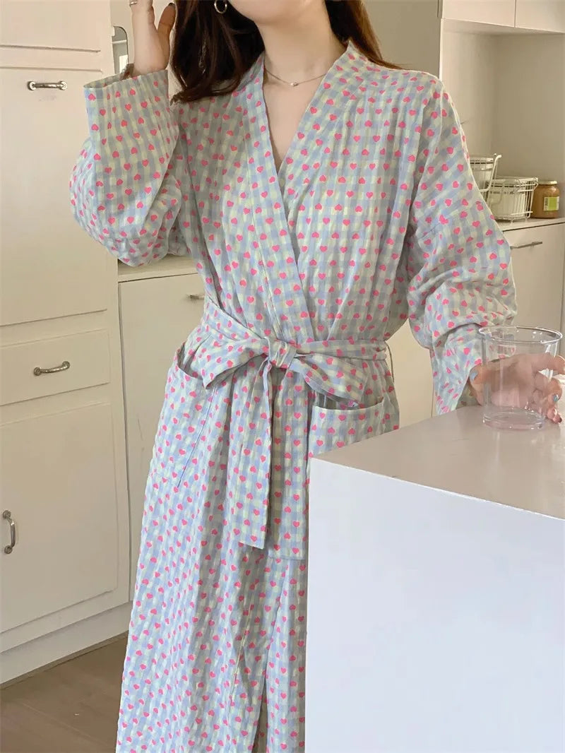 bathrobe women's bathing love plaid loose long sleeve long kimono V-neck lace up trousers nightgown sexy robe women's girl