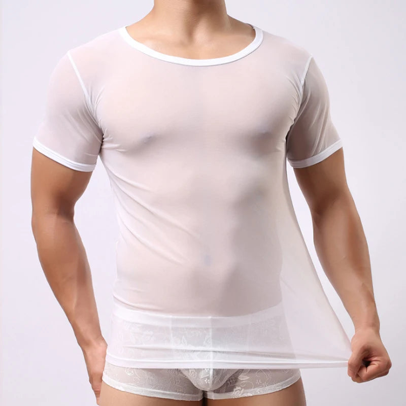 Mens T-shirt Sexy Transparent Sheer Mesh Breathable Underwear See Through Short Sleeve Undershirt Fitness Casual Tops Tees