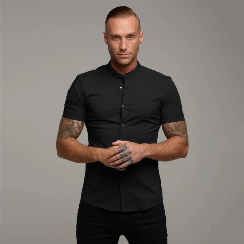 Mens Casual Broadcloth Shirt Summer Slim Fit Short Sleeve Plain Dress Shirt for Gym Business Social