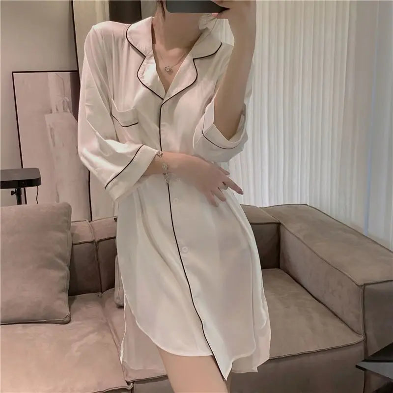 Women's Nightgown  Silk Sexy Pajamas Women's Sexy Pajamas Shirt Nightgown Silk Homewear Spring and Autumn Dresses