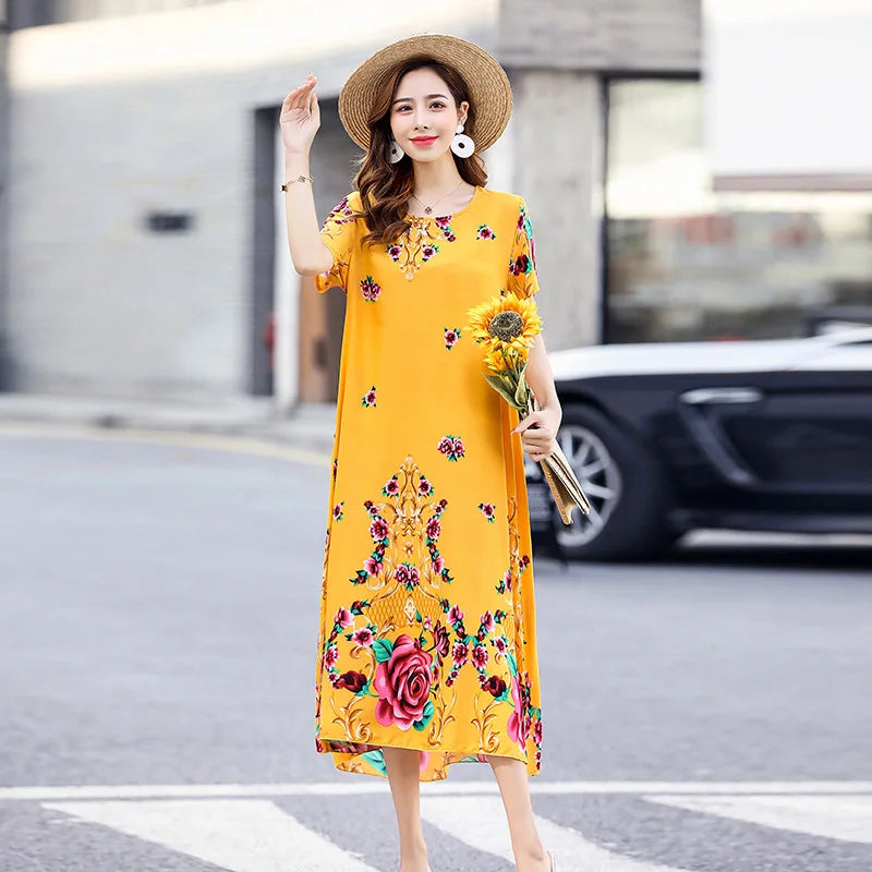 New Summer Home Clothing For Middle-aged Mothers Short Sleeve Sleepwear Dress Cotton Rayon Long Nightdress Women Nightgowns 5XL