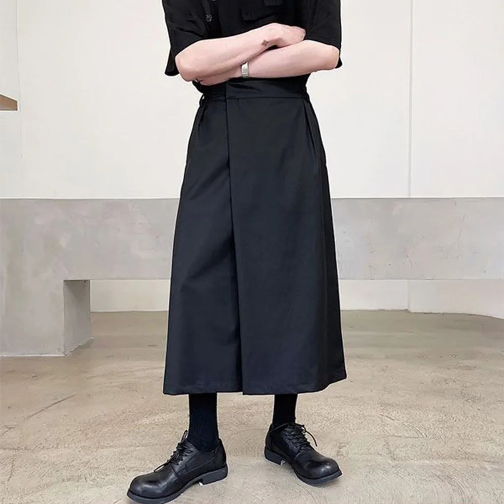 Mens Culottes Asymmetrical Double-Layer Casual Hakama Streetwear Fashion Outdoor Daily Youth Plain Wide-Leg Pants Men'S Clothing