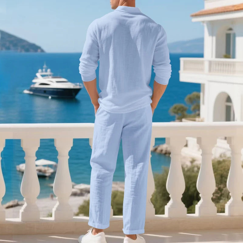 Men's Clothing Set Linen Two-Piece Set: Long-Sleeve Polo Shirt and Straight-Leg Pants Set, Casual Beach Sportswear