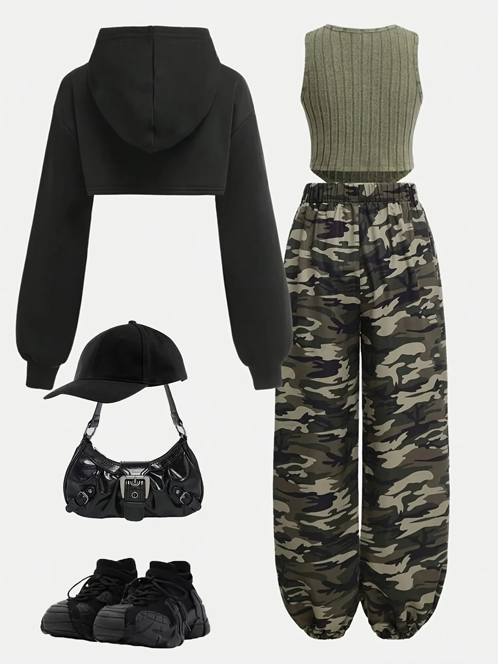 Children's Clothing: Girls' Short Hooded Sweatshirt & Fleece Ribbed Vest & Camouflage Sweatpants Three-Piece Set, Army Green Cool Girl Outfit