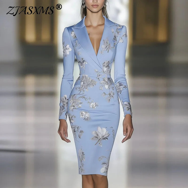 Woman Clothes Dresses 2025 Spring Floral Print Bodycon Elegant Evening Dress Autumn Long Sleeve Turn-down Collar Commute Dresses