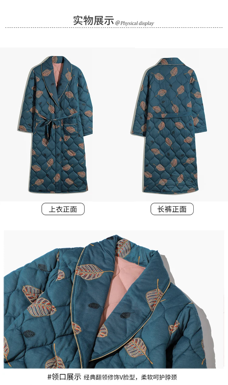 Peignoir Homme Women Robe Winter Warm Cotton Quilted Women's Bathrobe Nightgown Dressing Gown Sleepwear Female Home Clothing