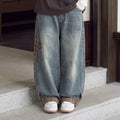Children Clothes Suit Autumn Girls Long Sleeve T‑Shirt and Wide Leg Jeans Cute Bear Plaid Star Patch