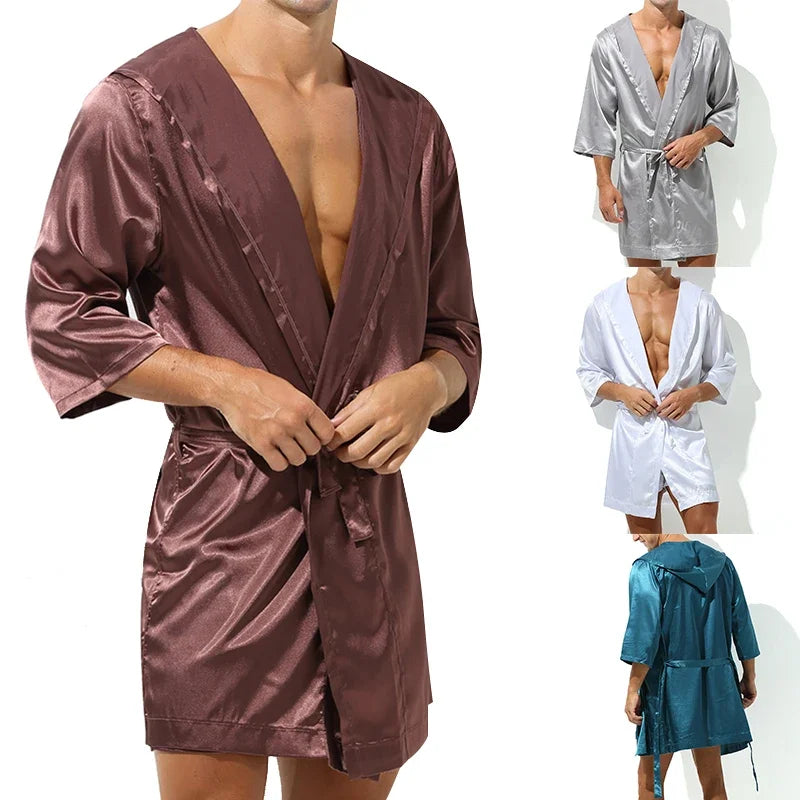 Men Bathrobes Summer Short Sleeve Homewear Silk Pajamas Bathrobe Mens Robes Sleepwear