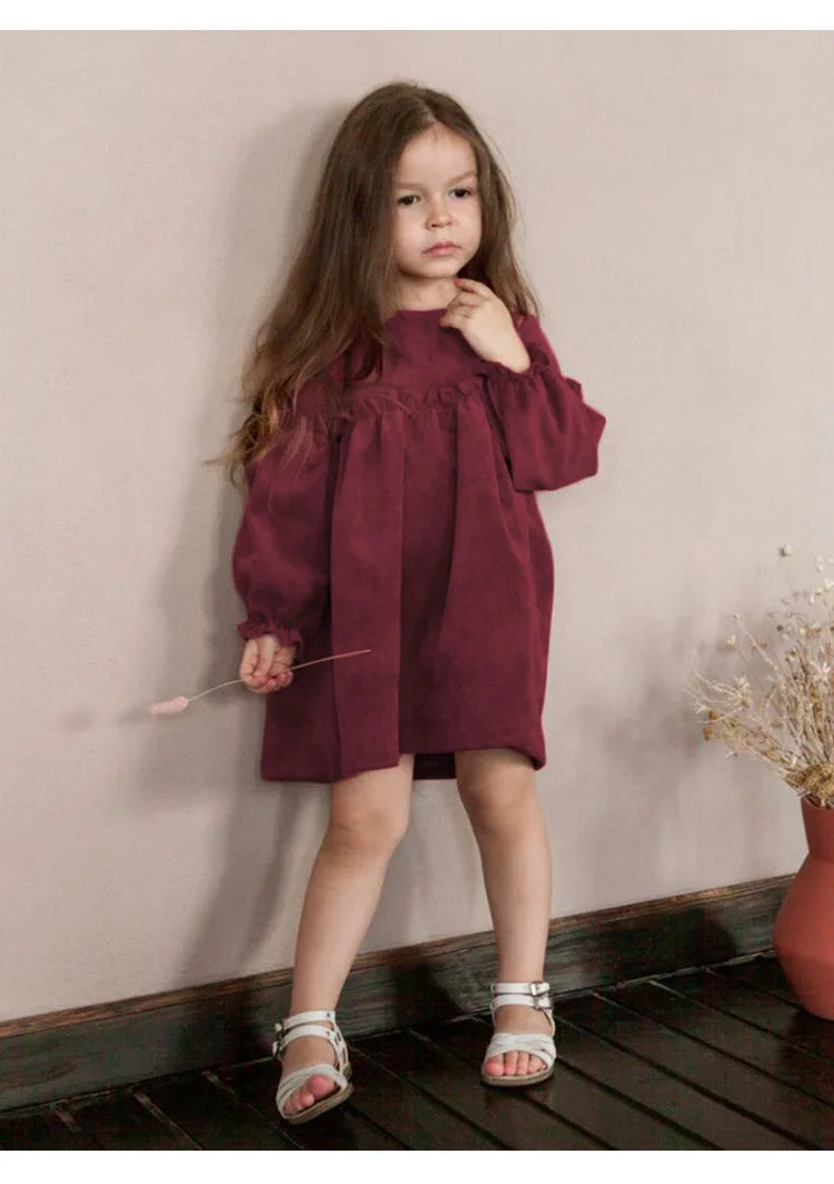 Children Clothing 2025 Autumn and Winter New Corduroy Long Sleeved Girls Baby Round Neck Lace Sleeves Cute Dress