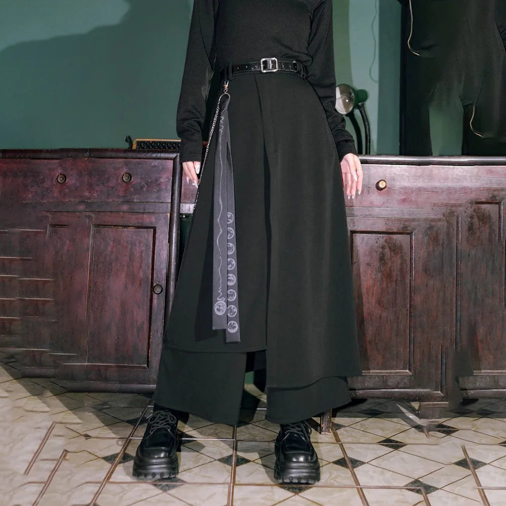 Mens Gothic Culottes Irregular Double Layer Japanese Samurai Skirt Ribbon Chain Loose Casual Hakama Pants Men'S Clothing Unisex
