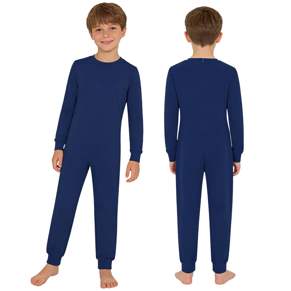 Kids Boys Girls Special Needs Adaptive Clothing Solid Color Round Neck Long Sleeve Jumpsuit Casual Basic Back Zipper Rompers