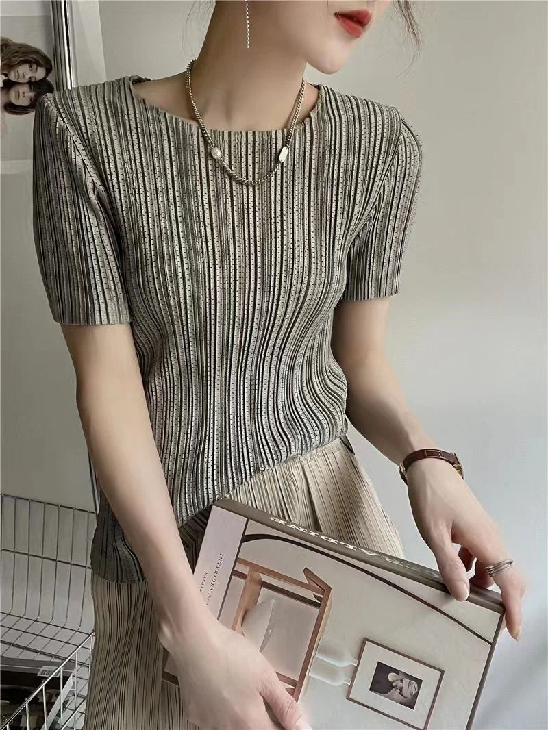 Woman Clothing  Top Women Miyake Pleated Short-sleeved Female Summer Thin Elastic Round Neck Joker Slim Pleated Hollow T-shirt