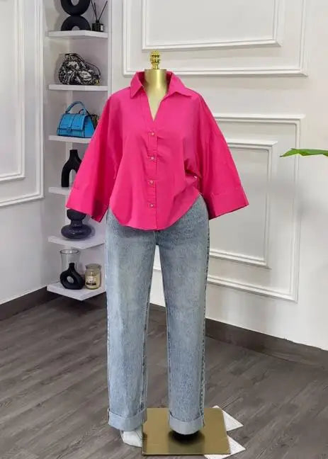 Woman Blouse 2025 Spring Autumn New Fashion Turn-Down Collar Long Sleeve Loose Fit Casual Solid Color Versatile Shirt Top