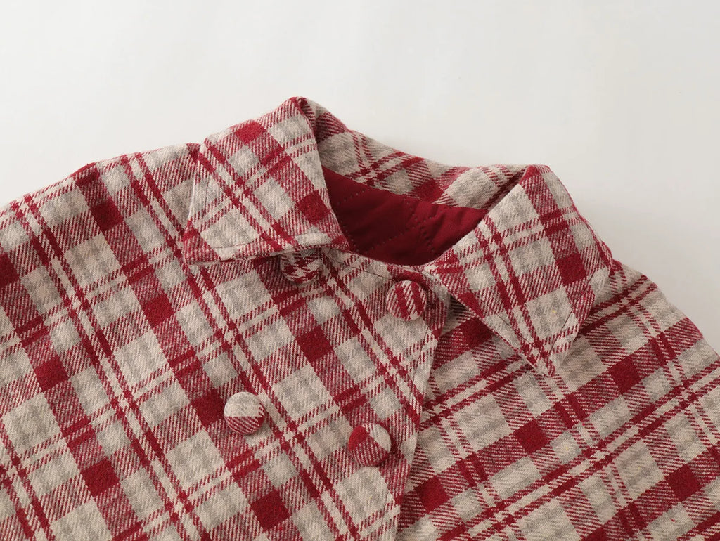 Fashion Children's Clothing Sets 2025 Autumn and Winter New Red Plaid Woolen Suit Girls' Thick Cloak Jacket+ Pleated Skirt