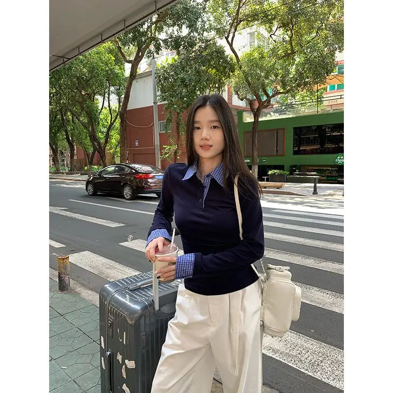 2026 Women Clothing Fake Two T Shirts Long Sleeve Tunic Camisetas Patchwork Plaid Fashion Tees Casual Korean Tshirt Ropa Mujer