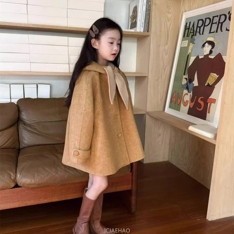 Teen Girl Clothes 2025 Children Wool Double Faced Girls Coat Clothes Kids Herringbone Outerwear Costumes Hooded Cape Handmade