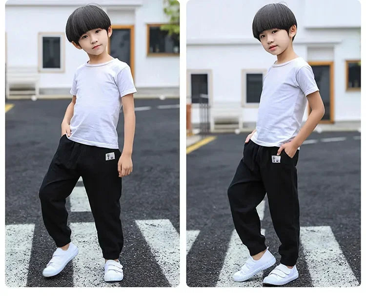 Children Trousers For Boys Girls Cotton Linen Elastic Waist Solid Color Summer Mosquito Pants Kids Clothing Long Pants 100-160cm