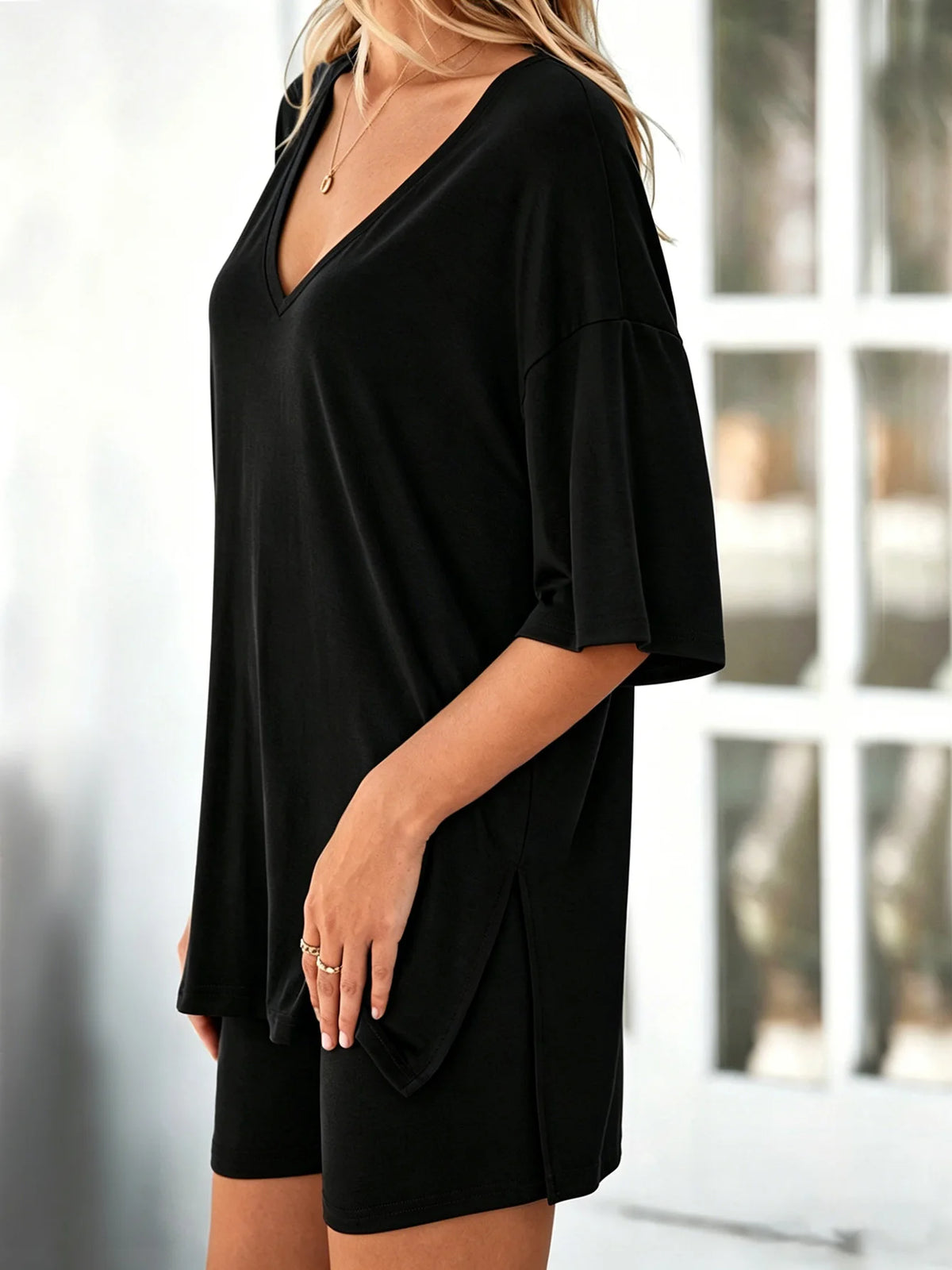 Women's loungewear set, casual short sleeve top + shorts, wear-at-home & outwear pajamas
