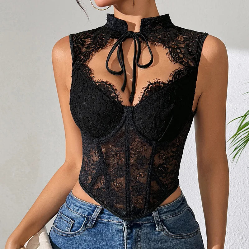 Women Sexy Lace Top See Through Corset Tank Elegant Ladies Sheer Camis Push Up Off Shoulder Vest Outfit