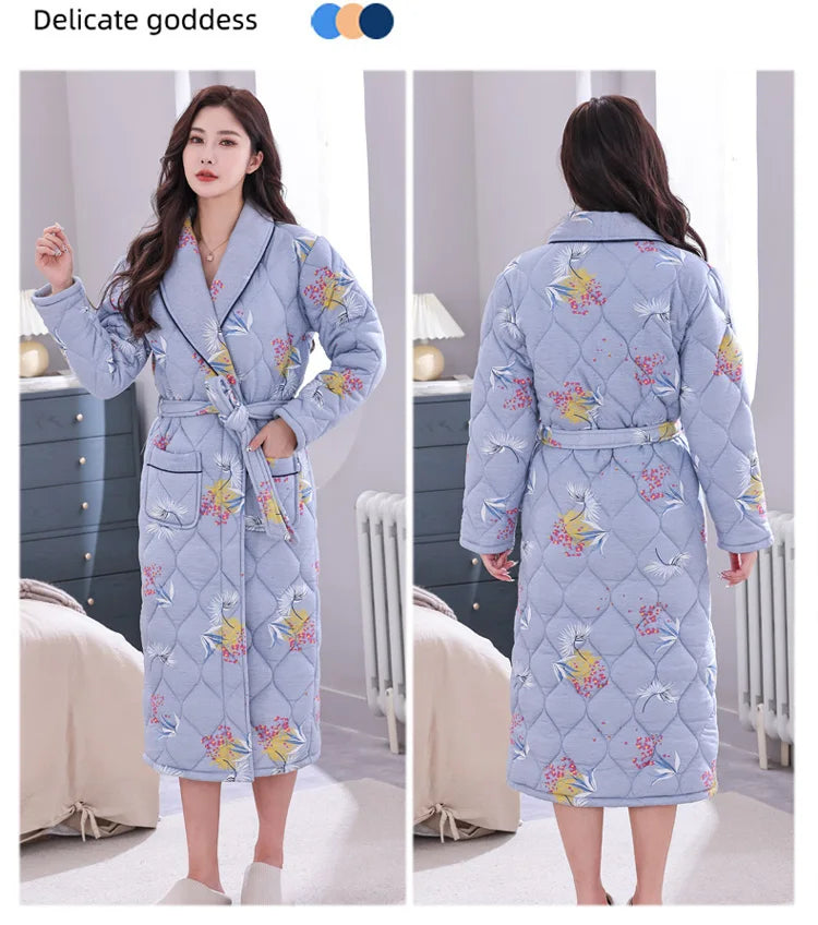 Peignoir Homme Women Robe Winter Warm Cotton Quilted Women's Bathrobe Nightgown Dressing Gown Sleepwear Female Home Clothing