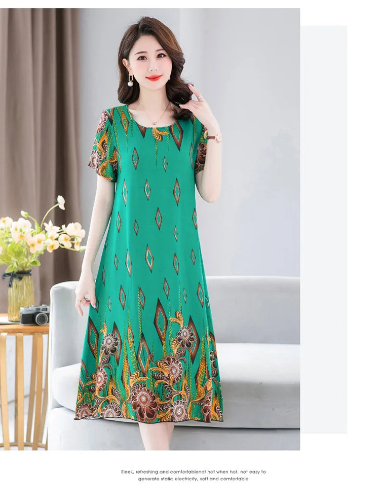 New Summer Home Clothing For Middle-aged Mothers Short Sleeve Sleepwear Dress Cotton Rayon Long Nightdress Women Nightgowns 5XL