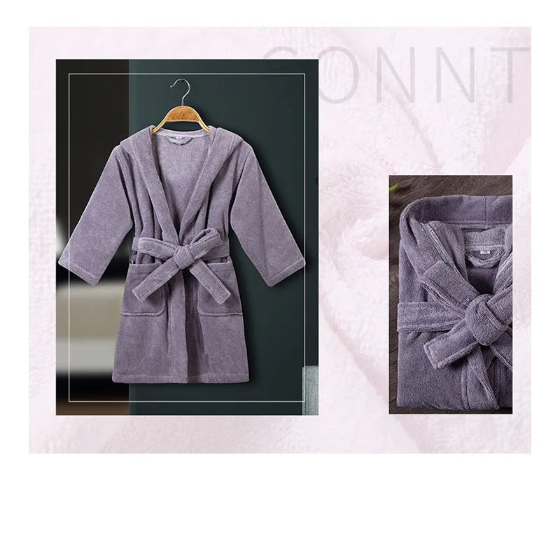 Children Bathrobe 100% Cotton Thickened Soft Hooded Belted Towel Robe for Boys Girls Aged 2-12 Years
