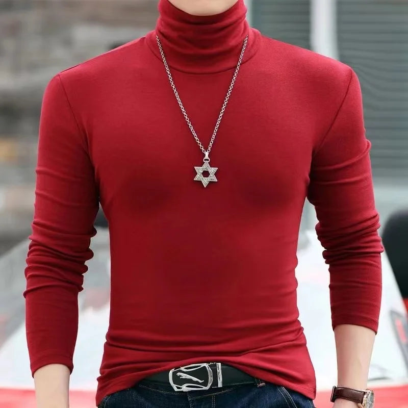 Men's Autumn and Winter Clothing, Warm High Neck T-Shirt, Slim Fit, Fashionable, High Stretch Long Sleeved Casual Breathable Pul