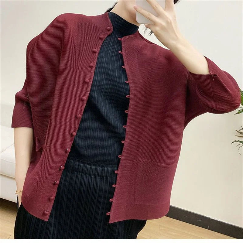 Woman Clothing T-shirt Bat Sleeves Loose and Pleated Small Jacket Women's Single-breasted Pocket Design Pleated Semi-Turtleneck
