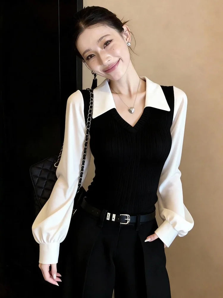 Women Shirts Patchwork Fake Two Piece Long Sleeve Contrast Color Vintage Elegant Office Lady Blouse Female Casual Tops