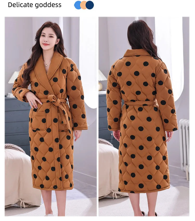 Peignoir Homme Women Robe Winter Warm Cotton Quilted Women's Bathrobe Nightgown Dressing Gown Sleepwear Female Home Clothing
