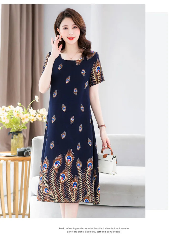 New Summer Home Clothing For Middle-aged Mothers Short Sleeve Sleepwear Dress Cotton Rayon Long Nightdress Women Nightgowns 5XL