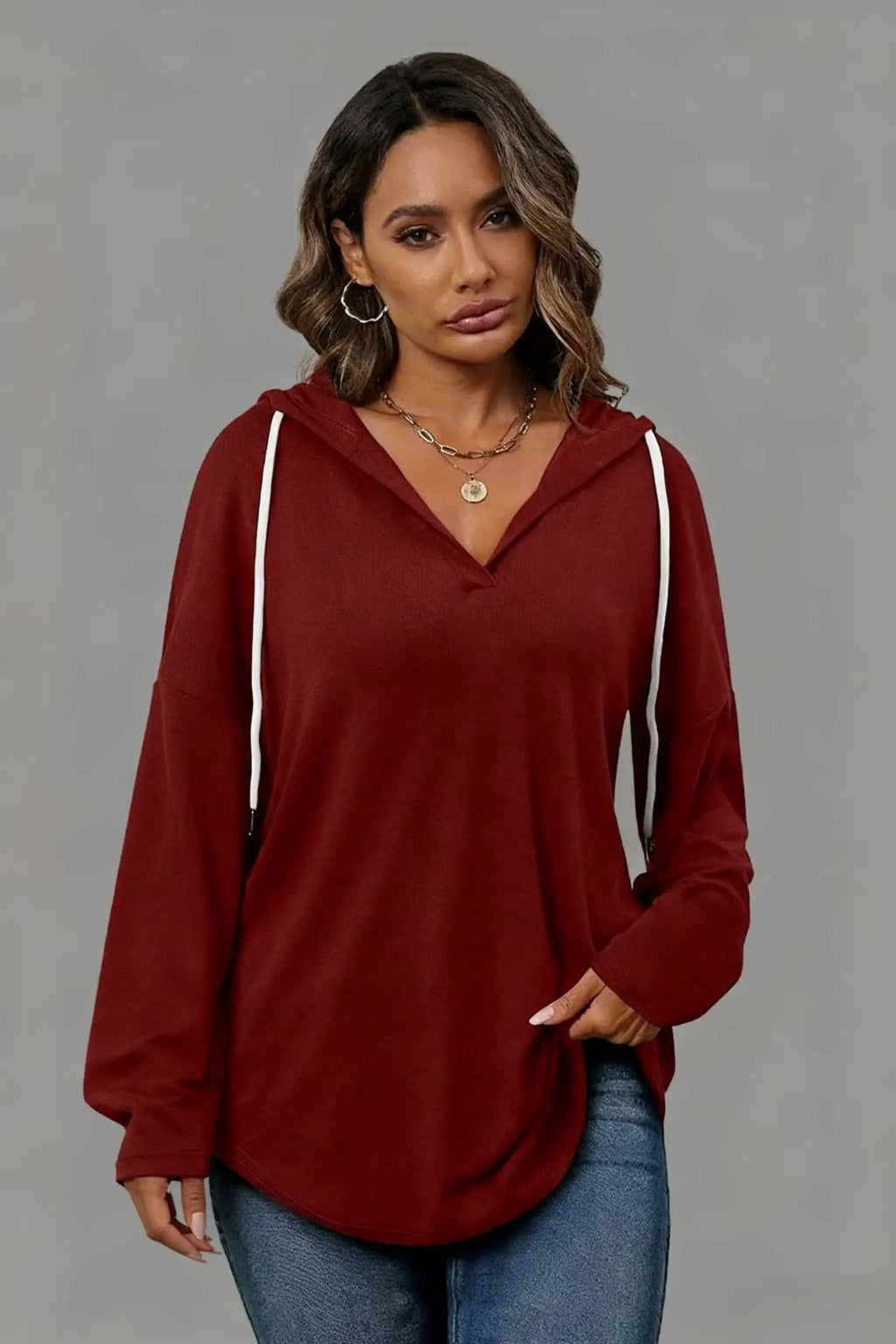 Women's Clothing European American Solid Color Drawstring Sweatshirts Loose Irregular Hoodies Top for Spring Autumn