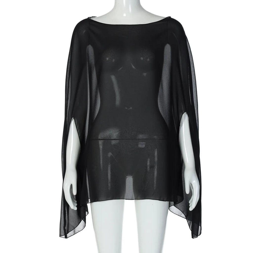Woman Clothes See-through Chiffon Blouses Sexy Fashion Solid Cover-ups Ladies Elegant Night Club Tops White Black Streetwear